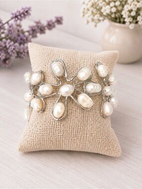 Freshwater Pearl Cluster Cuff Bracelet - Silver Tone - White Pearls